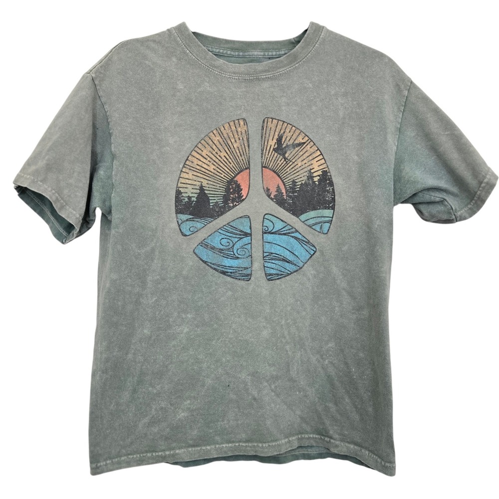 M Youth in Revolt Peace‎ Sign Nature Graphic T Shirt Acid Wash Boho Hippie